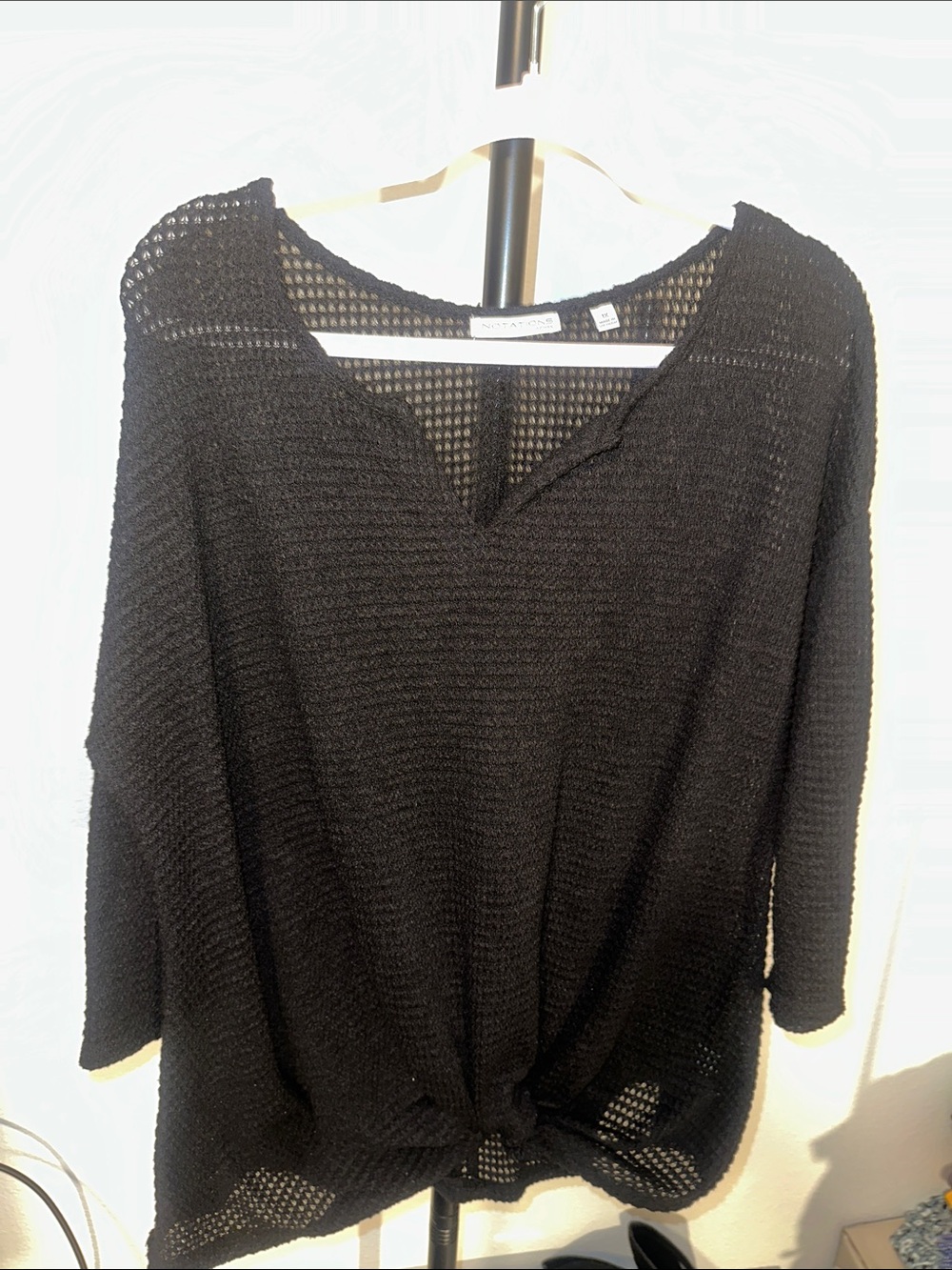 Women's Black Open-Knit V-Neck Sweater with Front Twist